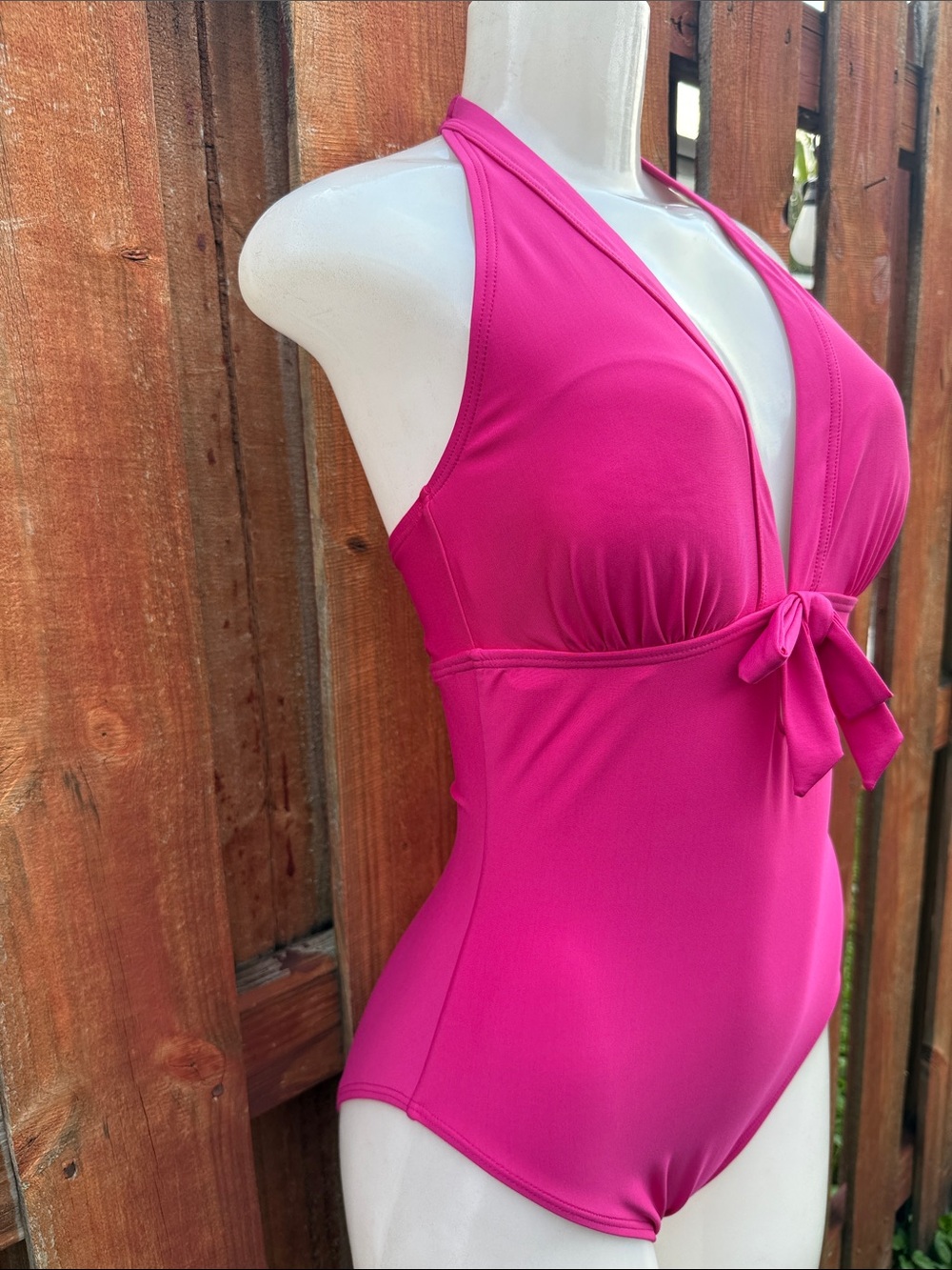 DKNY Hot Pink Plunging Tie Front Halter One Piece Swimsuit Bathing Suit NWT 8 - Picture 6 of 9